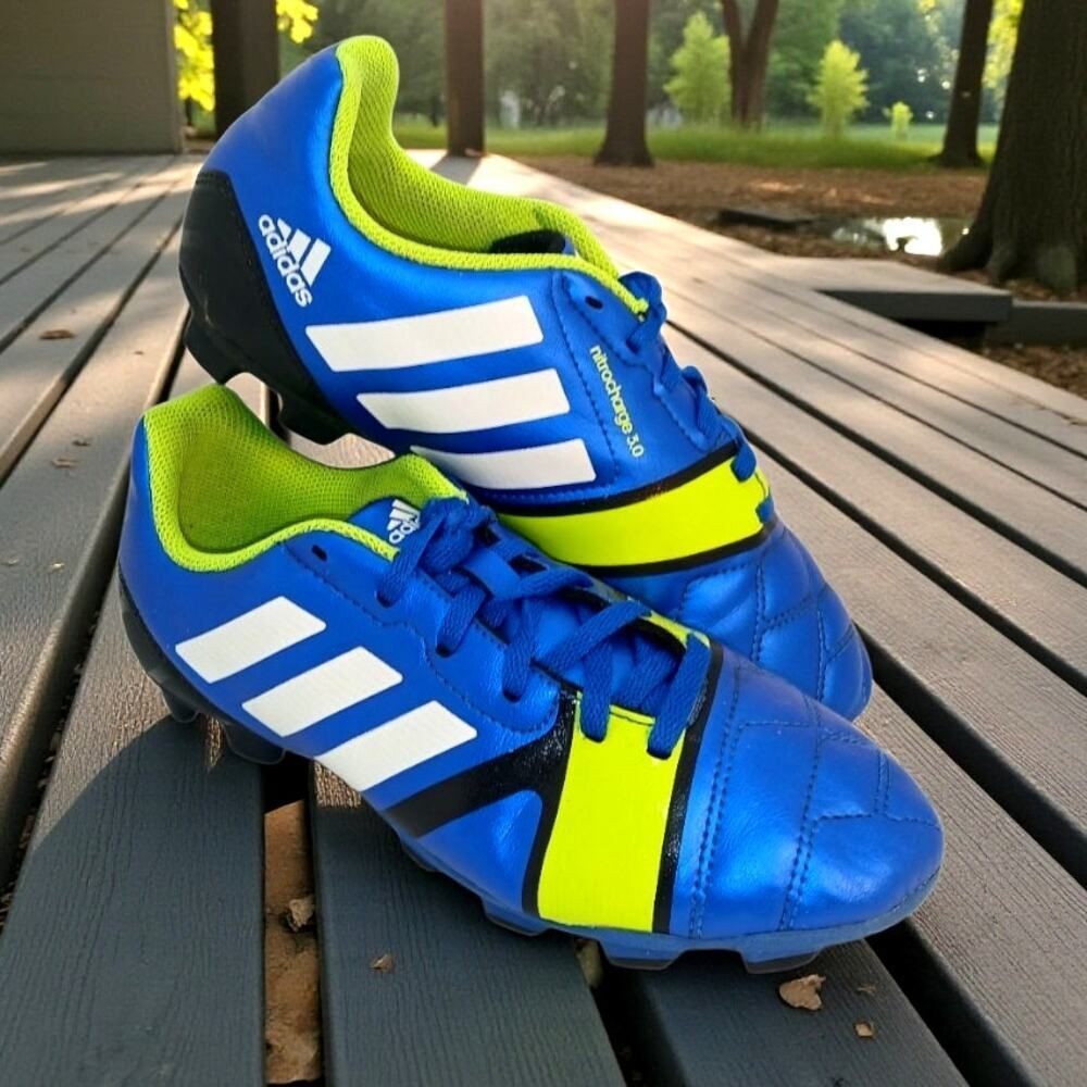 Adidas NitroCharge 3.0 Boys Metallic Blue & Neon Yellow Soccer Cleats - Size: 5